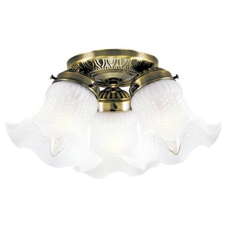 Brightbomb Three Light Indoor Flush Mount Ceiling Fixture, Antique Brass with Frosted Ruffled Edge Glass BR2689910